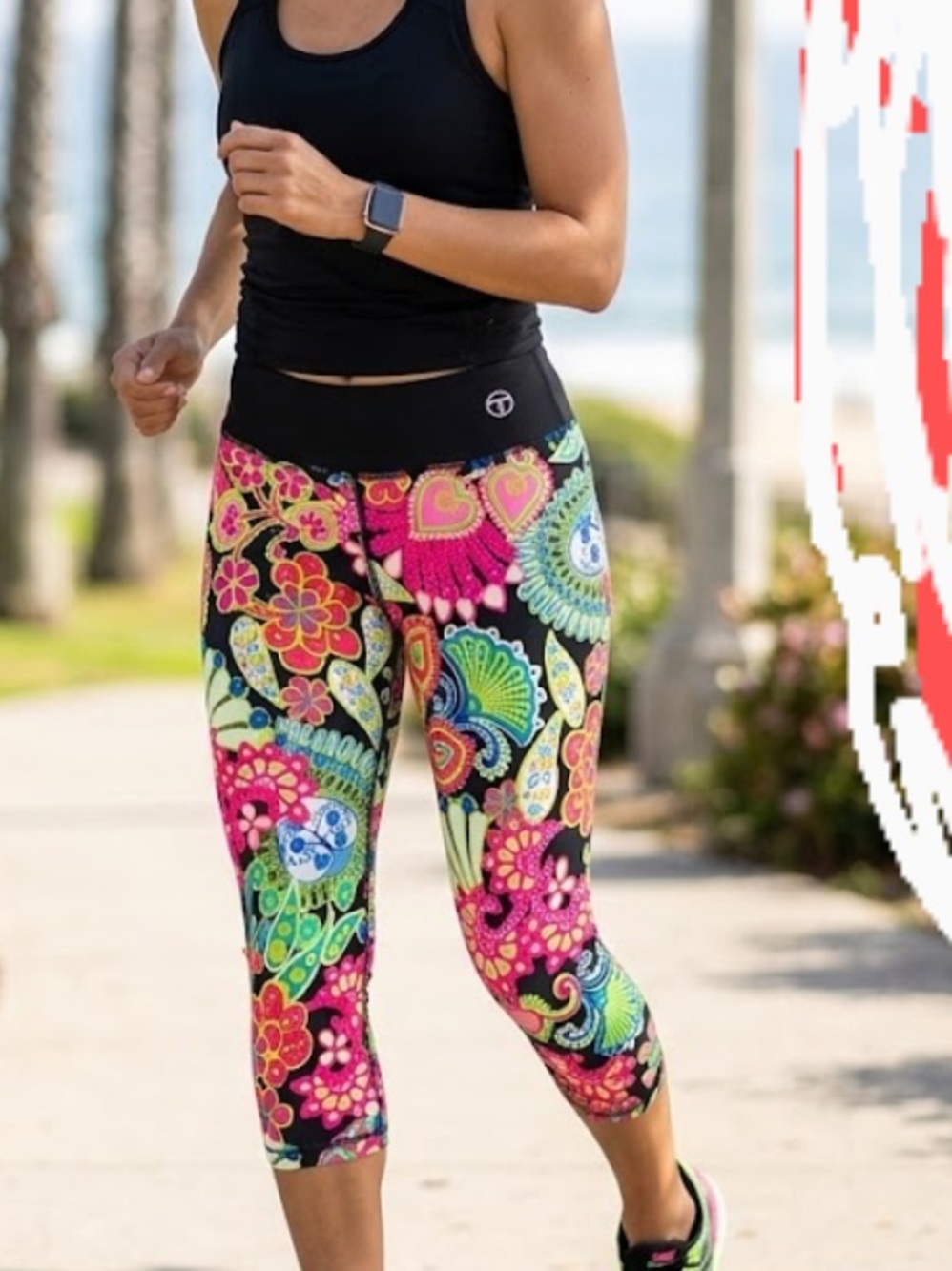 Trina Turk Multicolor Floral Capri Leggings with Black Waistband